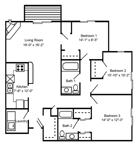 Floor plan for 3 beds, 2 baths, 1360 sqft